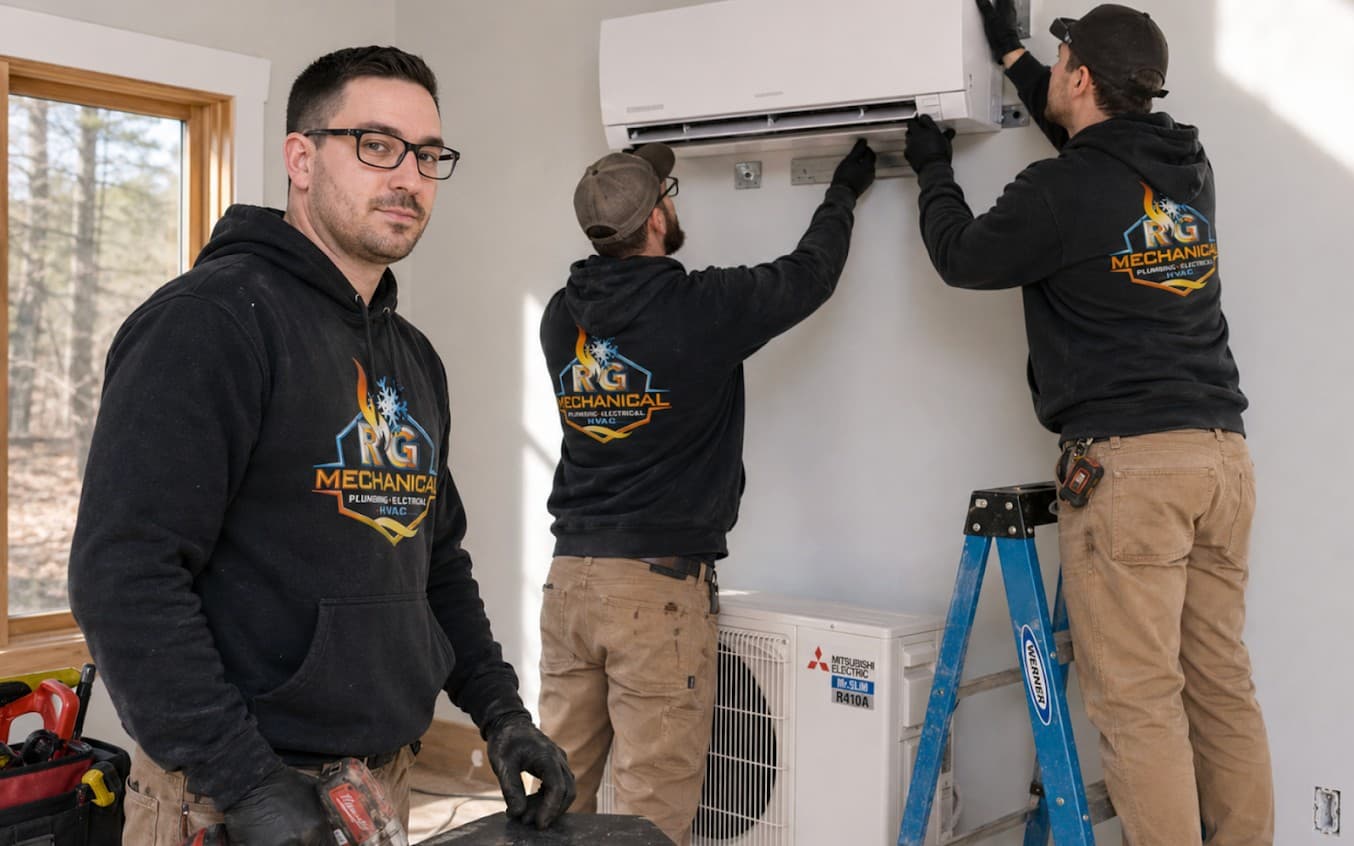 RG Mechanical technicians installing a Mitsubishi ductless heat pump indoor and outdoor unit in a Maine home